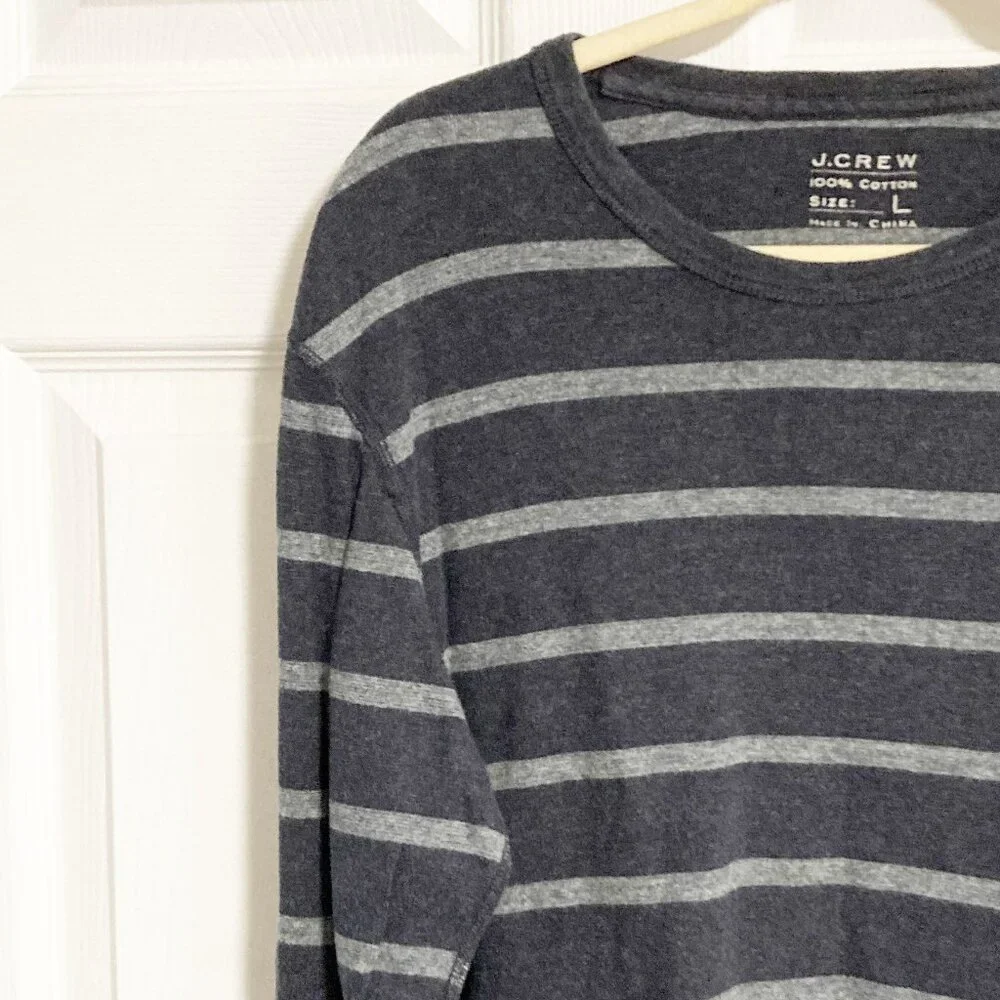 J. Crew Striped Crew Neck Long-Sleeve Tee Size L Navy Gray 100% Cotton